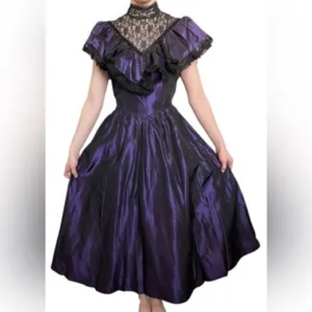 Gunne Sax by Jessica McClintock dark purple taffeta lace dress midi fairy grunge